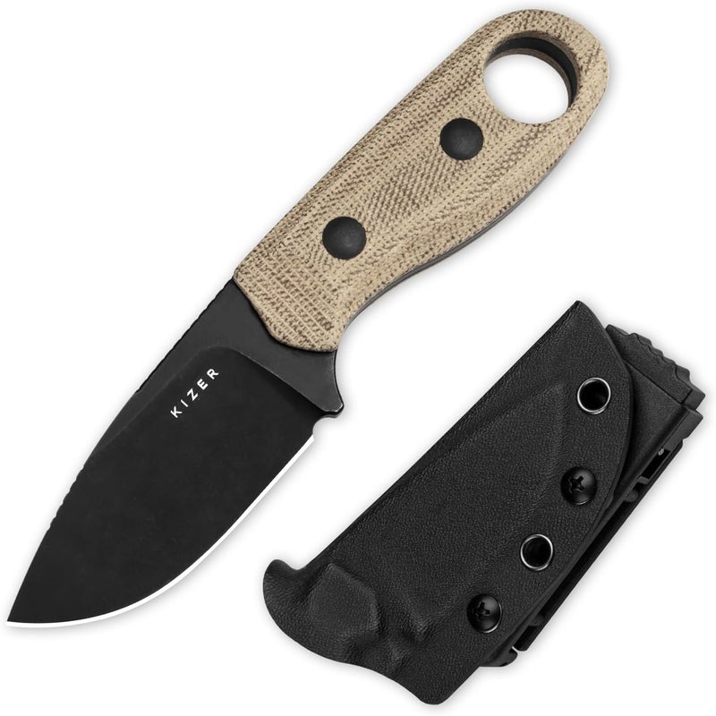 KIZER Beaver Fixed Blade Knife with Sheath, 2.75" D2 Steel Blade EDC Fixed Blade Camping Knife with Brown Micarta and Black G10 Handle, Small Bushcraft Survival Hunting Knives for Men Women, 1078M2 - Image 1
